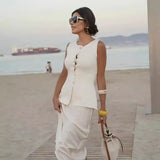 Women's Sleeveless Knit Top With Metal Buttons White Sleeveless Button Down Vest And Maxi Skirt Two Piece Set For Women S7XY