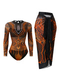 2026 Printed Mesh Swimsuit One Piece & Beach Dress Long Sleeves Swimwear Women Bathing Swimming Swim Suit Padded Beachwear