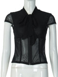 Women Sexy Hollow Out Mesh T-shirts 2026 Summer Bandage Short Sleeve Black Corset Girls Slim Crop Tops T Shirt Party Streetwear