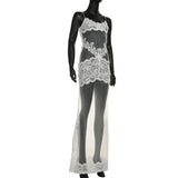 FDYOUI Sexy Lace Patchwork Mesh Long Dress Women Spaghetti Strap See-through Evening Party Dresses White Black Night Club Outfit