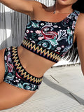 2026 Paisley Print Chevron Tape One Shoulder Swimsuit Women Bikini Swimwear Female Bathers Bathing Swimming Swim Suit Beachwear