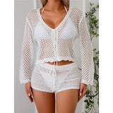 V Neck Long Sleeve Hollow Out Crochet Knitted Tunic Beach Dress Beach Wear Beachwear Beach Cover Up Cover-upsFemale Women V7192