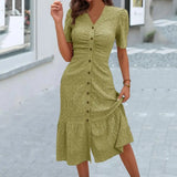 Women's Button Down Ruched Long Dress Summer Beach A-Line Swing Sundress Casual Short Sleeve V-Neck Maxi Dress