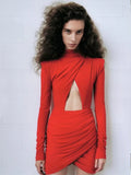 Ahagaga Eelgant Fashion Dresses For Women Solid Zipper Sheath Pleated Hollow Out Regular Long Sleeves Turtleneck Shoulder Pad