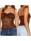 Women's Solid Color Lace Cami Tops Sleeveless Tie Spaghetti Strap Ruched Bust Camisole Summer Vest