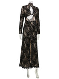Summer Maxi Dress Women Sexy Sheer Lace Hollow Out Long Sleeve Floral Split Slim Bodycon Solid Casual Beach Party Club Vestidos