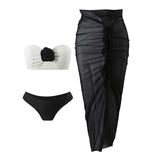 sexy 3d flower bandeau bikinis sets 3pcs with long mesh split skirt black white patchwork swimsuit bathing suit beach outfits