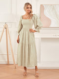 Women Spring Fall Long Dress Long Sleeve Dress Square Neck Embroidery Flower Loose Swing Dress Wit Pocket