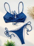 sexy solid ribbed bow tie bikinis sets two pieces hollow thong swimsuit bathing suit swimwear biquini bakini tankini