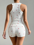 2 Piece Pajamas Set Heart Print Crop Tops and Shorts Loungewear Set Summer Sleepwear Women Home Clothes