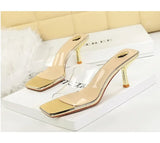 BIGTREE Sexy Silver PVC Transparent Crystal Womens Slippers 2026 Summer Square Toe Thin High Heels Sandals Ladies Shoes
