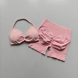 2PCS Backless Sports Bra High-Waisted Yoga Shorts Set Sexy Neck Hanging Design Abdomen Hip Lifting Fitness Outfit