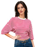 Women Summer Fashion Casual Elbow Sleeve T-Shirts Stripe Cinched Waist Crew Neck Tops Streetwear