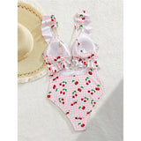 S - XL Cherry Printed Plaid Cut Out One Piece Swimsuit Women Swimwear Female Frilled High Leg Cut Bather Bathing Suit Swim V7557
