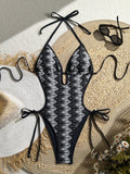 Sexy Black Stripe One Piece Swimsuit 2026 Women V Neck Hollow Out Backless Tie Side Thong Bikini Holiday Bathing Suit Swimwear