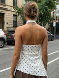 Women Halter Tank Tops Dots Print Asymmetric Hem Vest 2026 Summer Fashion Sleeveless Elegant Retro Blouses Streetwear