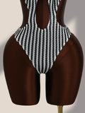 Vintage Black Striped One Piece Swimwear Women 2026 3D Metal Flower Hollow Out Backless Beach Holiday Bathing Suit Swimsuit