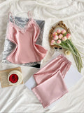 Two Piece Women's Pajamas Set with V Neck Lace Design Top Long Pants Fashionable And Comfortable For Spring And Summer Seasons
