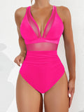 Solid Color One Piece Bikini for Women,sexy Deep-V Neck Suspender Backless Swimsuit,high Waist Translucent Striped Mesh Swimwear
