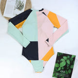 2025 Women's Rashguard Long Sleeves One Piece Swimsuit Patchwork Swimwear Zipper Monokini Surf Bathing Suit Sports Bodysuit S-XL