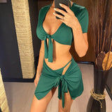 XS - L Ribbed Halter Bikini Women Swimwear Female Swimsuit Four-pieces Bikini set With Sarong Bather Bathing Suit Swim V3152B
