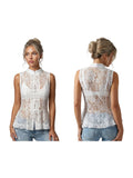 2026 Summer Women's Retro Lace Tops Elegant Mandarin Collar Chinese Frog Buttons Peplum Sleeveless Vest Blouses