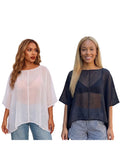 Women Summer Holiday Beach Sheer T-shirts Short Sleeve Tops Oblique Neck Solid Color See-through Irregular Party Clubwear