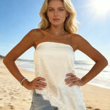 2026 New Solid Color Chic Satin Strapless Top Women Asymmetrical Hem Lace Trim Casual Fashion Tube Tops