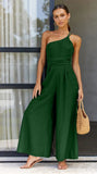 Foridol Waist Folds Backless Double Strap Casual Wide Leg Jumpsuit Long Pants Green 2025 New Female Loose  Jumpsuit