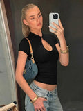 FDYOUI Fashion Stand Collar Button Hollow Out T-shirt for Women 2026 Sexy Short Sleeve Slim Cropped T Shirts Black Wine Red Tops