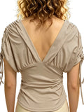Womens Summer Solid Color Drawstring Tops Casual Stylish Ruched Slim Fit Short Sleeve T-shirts