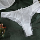 2Pcs Bra & Brief Set for Women Sexy White Ruffle Mesh Perspective Bow Patchwork Bra Bilizna Set Underwear Ultra Thin Intimate