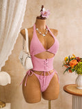 Sexy Pink Plaid Print Bikini Set 2026 Women Bandage Cross Fishbone Top 3 Piece Swimsuit Summer Bathing Suit Holiday Swimwear