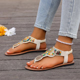 Bohemia Style Flat Heel Sandals for Women Fashion Bead Clip Toe Beach Sandles Woman Plus Size 43 Lightweight Gladiator Sandalias