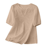 Women Summer Loose Embroidered V Neck Solid Color Short Sleeved Comfortable Button Down Shirt Top женская одежда