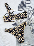 2026 New Sexy Bikini Women Push Up Leopard Hollow Single Shoulder Metal Circles Swimwear Swimsuit Beach Bikinis Set Bathing Suit