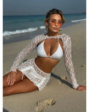 Toucheart Sexy Lingerie Suit for Women Mesh Four-piece Beach Swimsuit Sexy Bikini Solid Color Long Sleeves Mesh See-through Set