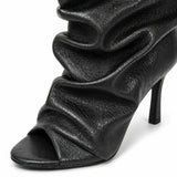 Black Soft Leather Peep Toe Pleated Mid-calf Boots Fashion Women 5 CM Thin Heels Solid Booties High Heel Boots Shoes Lady