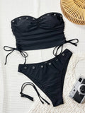 Vintage Bandeau Bikini Set Women Black Drawstring Side Push Up Top Two Piece Swimsuit 2026 Summer Holiday Bathing Suit Swimwear