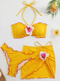 with Mesh Skirt 3D Flowers Halter Bandeau Bikini Female Swimsuit Women Swimwear Three-pieces Bikini Set Bathing Suit Beachwear