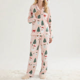 Women's 2025 Christmas Pajama Set Long Sleeve Lapel Santa Claus Christmas Tree Print Shirt Pants Two Pieces Sleepwear