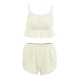 Lace Trim Ruffle Hem U-Neck Strap Cable Textured Cami & Casual Shorts Loungewear Summer Pajamas Set Women Sleepwear
