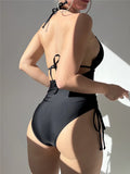 S - XL Metal Flower Cut Out Halter Women Swimwear One Piece Swimsuit Female Backless High Leg Cut Bather Bathing Suit Swim K7446