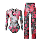 S - XXL New Printed Long Sleeve With Pants Women Swimwear One Piece Swimsuit Female Floral Padded Bather Bathing Suit Swim V7176