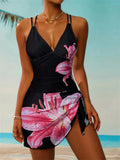 Vintage Yellow Lily Floral Print One Piece Swimsuit Women Double Strap V Neck Holiday Slim Tummy Control Skirt Swimwear Set 2026