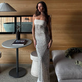 FDYOUI Luxury Bandage Sequins Evening Party Dresses for Women Sexy Strapless Off Shoulder Backless Split Slim Long Wedding Dress