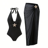 Vintage Black White Long Skirt Swimwear Sets Women Deep V Neck Starfish Hollow Out Bathing Suit Holiday One Piece Swimsuit 2026