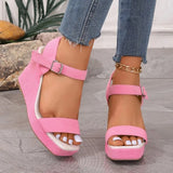 2026 New Platform Wedge Sandals Solid Color Round Headed Square Buckle  High-heeled Sandals