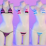 Summer Swimwear Japanese Kawaii PU Leather Micro Bikini Set Women Swimsuit Stripes Bra Set Sexy Lingerie Underwear Costume