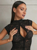 Ahagaga Summer Chic Lace Patchwork Tops Tees Sexy Sleeveless High Neck Hollow Out Slim Regular Elegant Club T-Shirt for Ladies